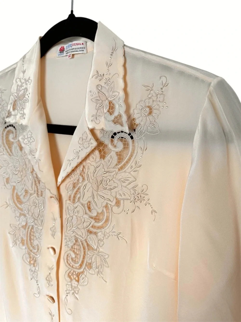 Vintage 100% Silk Embroidered Lace Cutout Blouse Feminine Prairiecore Romantic - Picture 5 of 12